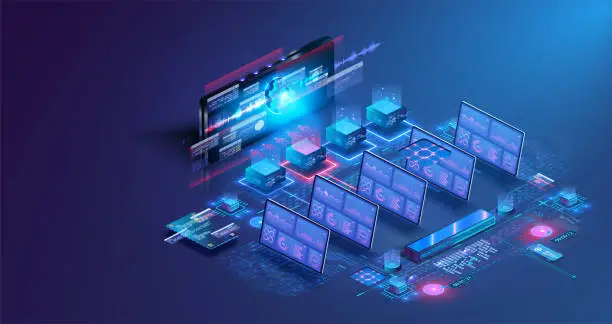 Vector illustration of Big data analytics, computing in data center. Monitor with data about system files. Data transmission technology. Monitoring and testing of the digital process. Vector illustration isometric style