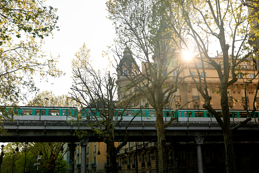Metro train outdoors at Passy neighborhood in Paris, France.