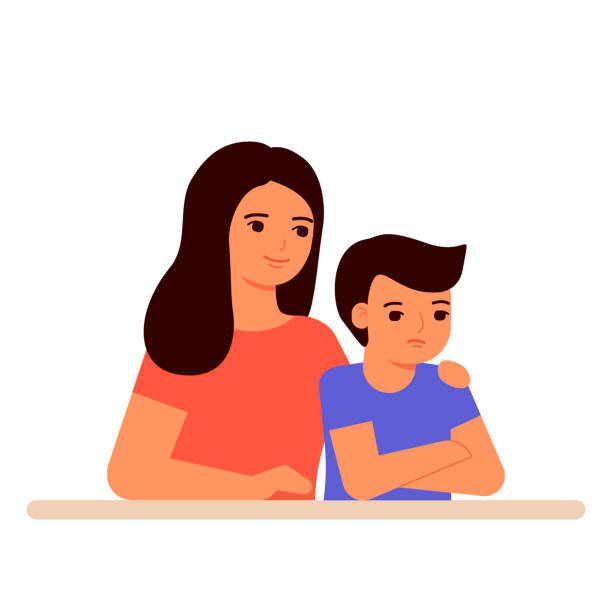 Mother supports and understands sad boy of child, help in family. Hug, love and care for mom and son. Vector illustration Mother supports and understands sad boy of child, help in family. Hug, love and care for mom and son. Vector my stepmom stock illustrations