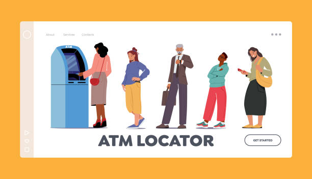 Atm Locator Landing Page Template. People Automated Teller Machine Line. Clients Characters Stand in Queue in Bank Atm Locator Landing Page Template. People Automated Teller Machine Line. Clients Characters Stand in Queue in Bank Waiting Turn to Make Money Transaction, Banking Services. Cartoon Vector Illustration exchange teller stock illustrations
