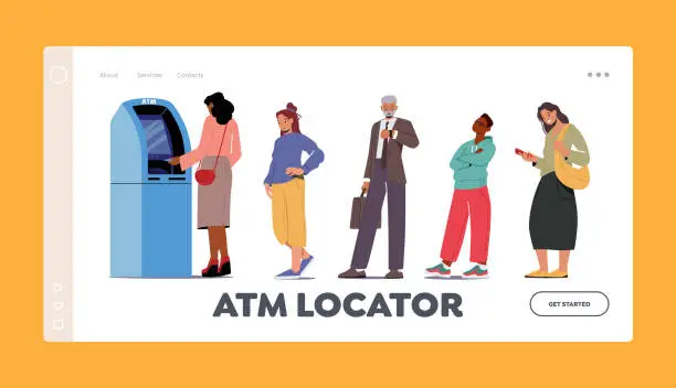 Vector illustration of Atm Locator Landing Page Template. People Automated Teller Machine Line. Clients Characters Stand in Queue in Bank