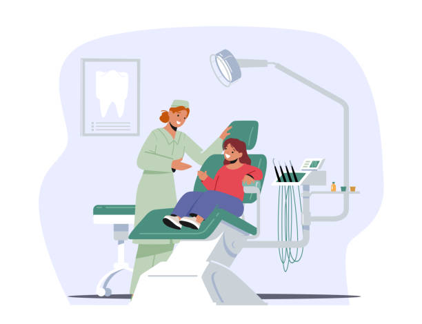 illustrations, cliparts, dessins animés et icônes de enfant au cabinet du dentiste. une petite patiente à la clinique dentaire pour enfants s’assoit à la chaise pour les dents et la cavité buccale checkup - dentist teenager dental hygiene sitting