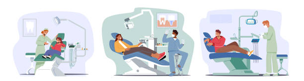 Doctor Conduct Teeth Caries Treating, Dentist Check Up or Treatment Procedure. Adult and Children Patients in Chair Doctor Conduct Teeth Caries Treating, Dentist Check Up or Treatment Procedure. Adult and Children Patients Lying in Medical Chair in Stomatologist Cabinet Feel Fear. Cartoon People Vector Illustration orthodontist stock illustrations