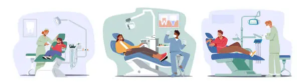 Vector illustration of Doctor Conduct Teeth Caries Treating, Dentist Check Up or Treatment Procedure. Adult and Children Patients in Chair