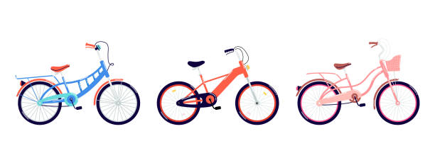 istock Colored bicycles isolated. Set of drawn bright pedal vehicles. Flat vector illustration of bikes for women and men of different ages on a white background. 1345903332