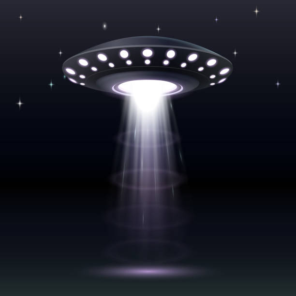 istock Alien spaceship, ufo with blue light beam. Futuristic flying saucer, unidentified round rocket 1345903407