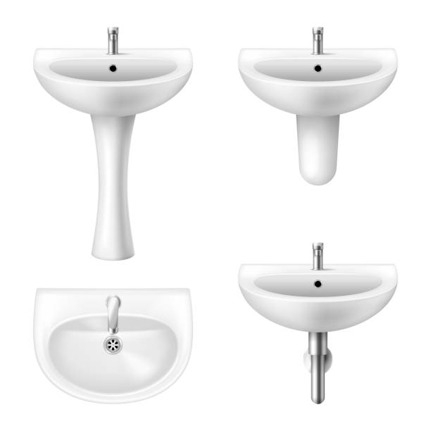 istock Set of realistic white sink with faucet for bathroom and restroom. Classic ceramic oval washbasins 1345903417