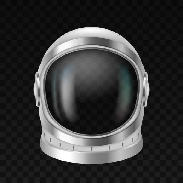 istock Astronaut helmet, cosmonaut space suit on black background. Spaceship pilot costume headwear 1345903437