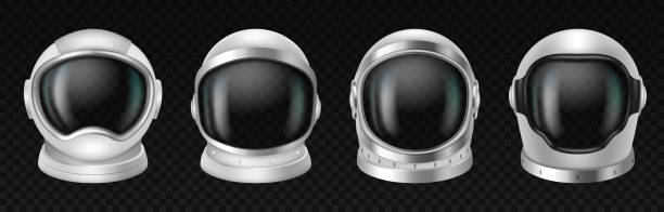 Astronaut helmets, realistic cosmonaut mask set with clear glass for space exploration vector art illustration