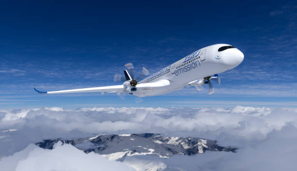 istock Blue Hydrogen filled H2 Aeroplane flying in the sky - future H2 energy concept. 1345903586