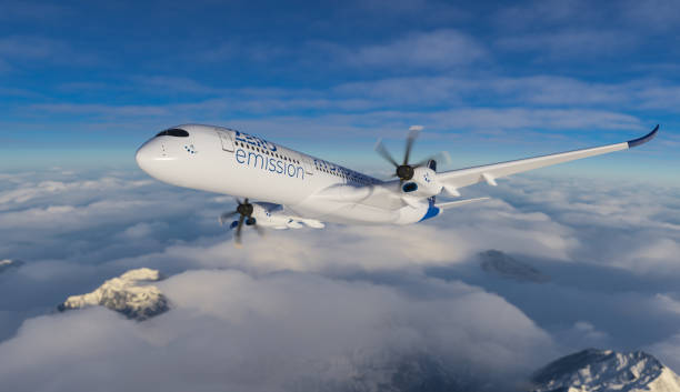istock Blue Hydrogen filled H2 Aeroplane flying in the sky - future H2 energy concept. 1345903849