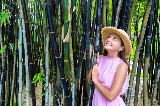 Young beautiful woman  is posing against large bamboo forest
