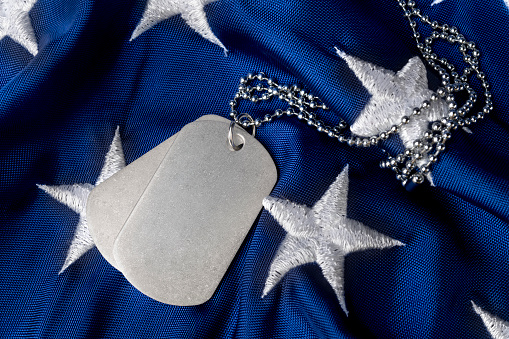 Blank military dog tags on the stars of the American flag allow for placement of copy on the surface.
