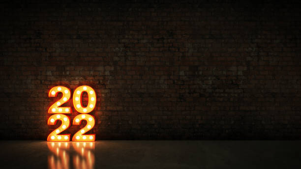 istock marquee light 2022 letter sign, New Year 2022. 3d rendering 1345910735