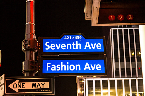 New York, USA - October 23, 2015:  street sigh seventh ave and Fashion Ave in neon light by night in New York, USA