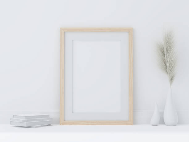 istock Minimal style wooden poster frame put on white room floor 3d render 1345916051