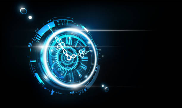 시계 개념 및 타임 머신 관점보기와 추상 적 미래 기술 배경, 시계 손을 회전 할 수 있습니다, 벡터 일러스트 - clock ticking stock illustrations