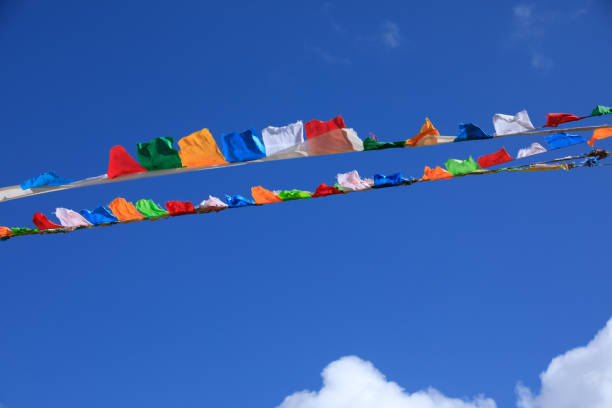 tybetańskie flagi modlitewne tło błękitne niebo - flag of tibet zdjęcia i obrazy z banku zdjęć