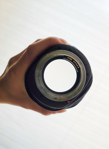 Digital camera lens close-up over white background