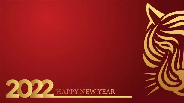 Vector illustration of Happy new year 2022 vector with golden text and tiger head. Happy Chinese new year. Year of the tiger zodiac. 2022 design suitable for greetings, invitations, banners, or backgrounds.