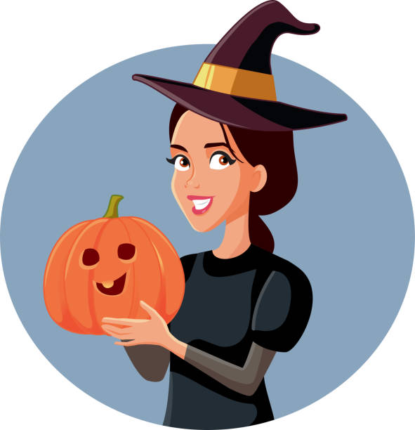 istock Halloween Girl Holding a Funny Pumpkin Vector illustration 1345924233