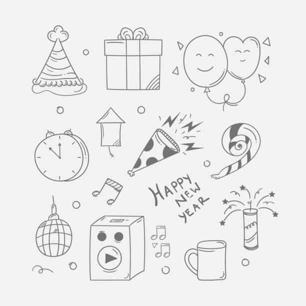 ilustrações, clipart, desenhos animados e ícones de ícone de ano novo no estilo doodle - music box