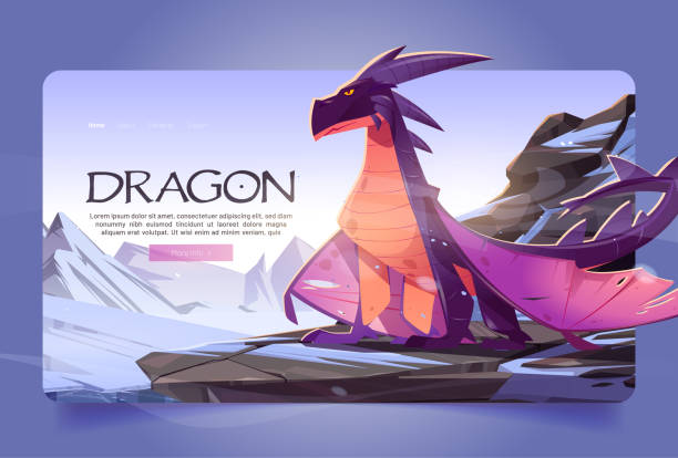 illustrazioni stock, clip art, cartoni animati e icone di tendenza di dragon at winter mountains pagina di destinazione del cartone animato - fantasy flying dragon monster
