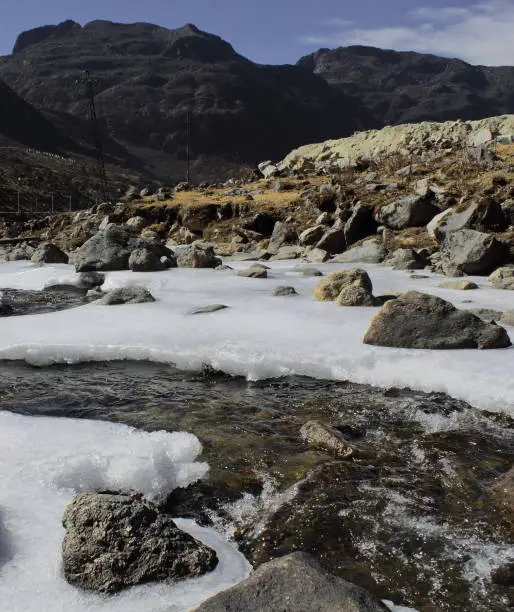 Frozen stream (nuranang chu) near Sela pass in Tawang district of Arunachal Pradesh in India