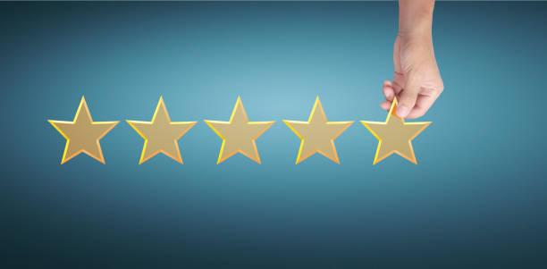 istock Hand of touching rise on increasing five stars. Increase rating evaluation 1345928955