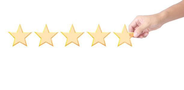 istock Hand of touching rise on increasing five stars. Increase rating evaluation 1345928967