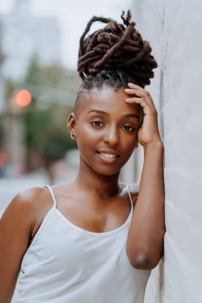Portrait of a beautiful and confident black woman in New York City stock photo
