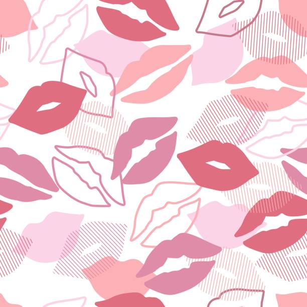 różowy romantyczny bezszwowy wzór z cute kiss vector graphic silhouette - lip balm obrazy stock illustrations