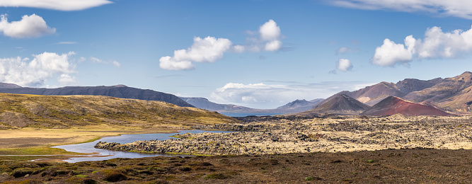 Snaefellsnes Volcanic Landscape Panorama. Lake Selvallavatn surrounded with volcanic lava field. Lake Selvallavatn is located 62 m above sea level. River Fossa enters it from the east and a few small brooks from the south. Stiched XXL Panorama. Berserkjahraun Lava Field and Snæfellsnes Mountain Range in the background. Lake Selvallavatn, Snæfellsnes, Vesturland, Iceland, Nordic Countries, Europe