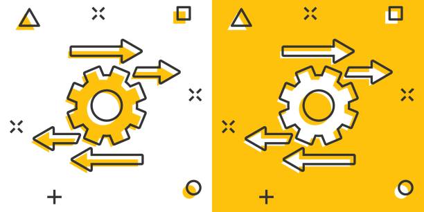 istock Process icon in comic style. Arrow and gear cartoon vector illustration on white isolated background. Optimization splash effect business concept. 1345931960