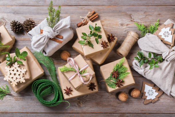 Zero waste Christmas concept, handmade gift boxes, furoshiki style stock photo