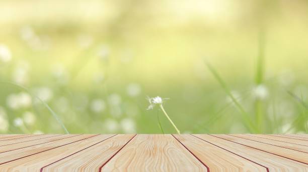 istock Empty wooden table on green blur nature background 1345933456