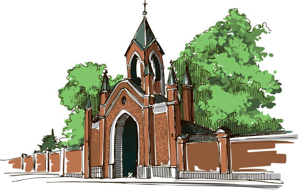 ilustrações de stock, clip art, desenhos animados e ícones de entrance to the old cemetery - peaceful gates with steeple roofed towers - people cemetery church urban scene