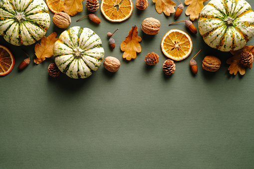 Autumn composition. Flat lay pumpkins, fallen oak leaves, dry oranges, acorns on vintage green background. Thanksgiving day greeting card design.