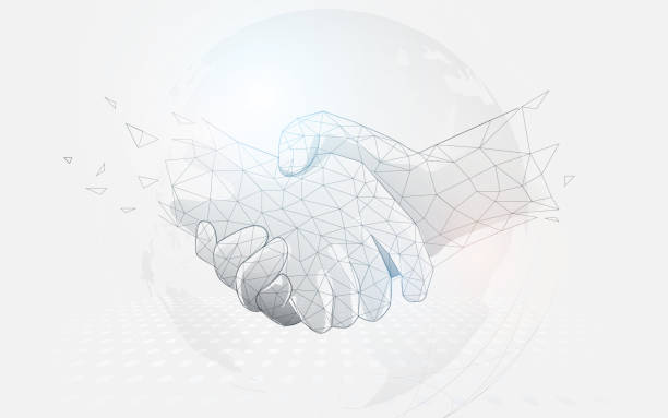 Businessmen shaking hands on a world map. Low polygon line, triangles, and particle style design. Abstract geometric wireframe light connection structure Businessmen shaking hands on a world map. Low polygon line, triangles, and particle style design. Abstract geometric wireframe light connection structure partnership stock illustrations