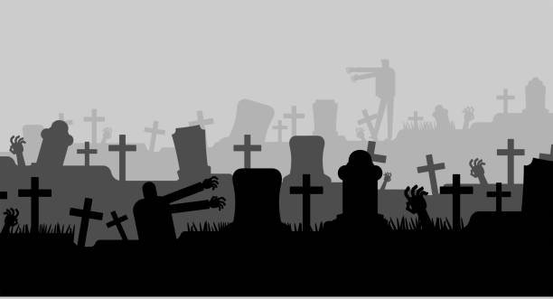 ilustrações, clipart, desenhos animados e ícones de cemitério de halloween. todos os fundos de hallows eve. lugar para texto - cemetery hill