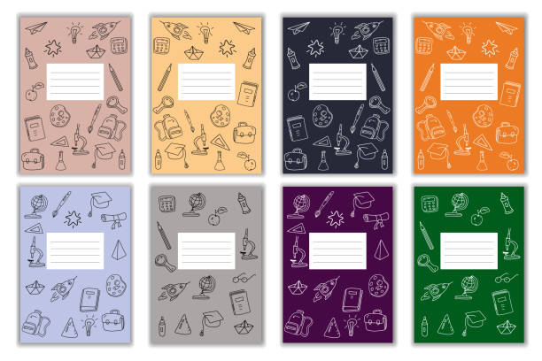 Set Cover Notebook school doodles icons hand drawn. Template cover for diary, brochure, poster, sketchbook. Vector illustration Cover Notebook school doodles icons hand drawn. Template cover for diary, broshure, poster, sketchbook. Vector illustration isolated composition stock illustrations