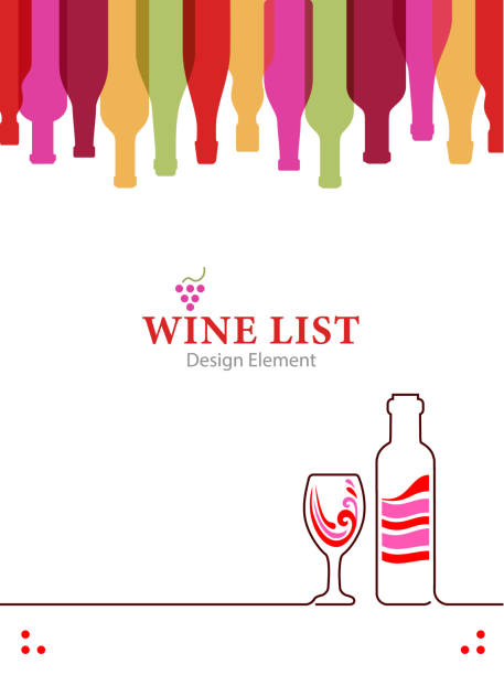 ilustraciones, imágenes clip art, dibujos animados e iconos de stock de diseño carta de vinos para restaurante, bar o tienda alcohólica. vino de botella completa - wine pouring wineglass red