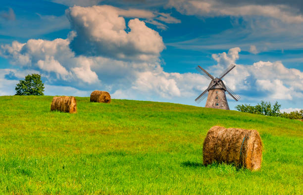istock Countryside landscape with haystacks and old windmill 1345936877