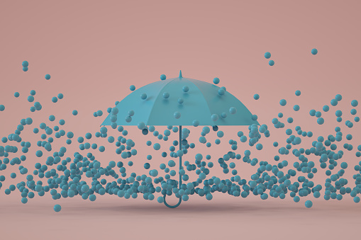 3D Rendering Flying Raindrops and Umbrella. Protection, Insurance, Safety concept.