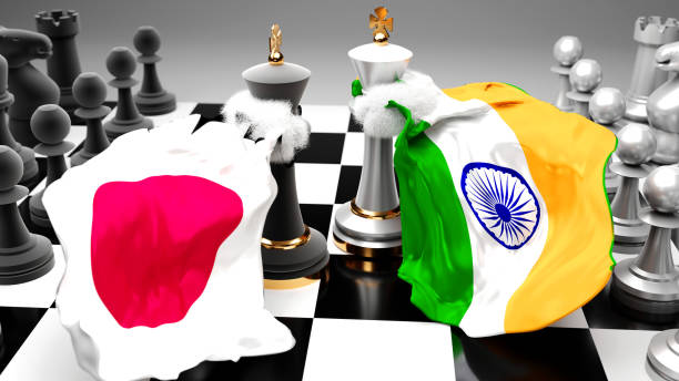 istock Japan India crisis, clash, conflict and debate between those two countries that aims at a trade deal or dominance symbolized by a chess game with national flags, 3d illustration 1345937666