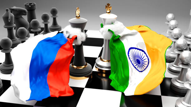 istock Russia India crisis, clash, conflict and debate between those two countries that aims at a trade deal or dominance symbolized by a chess game with national flags, 3d illustration 1345937668
