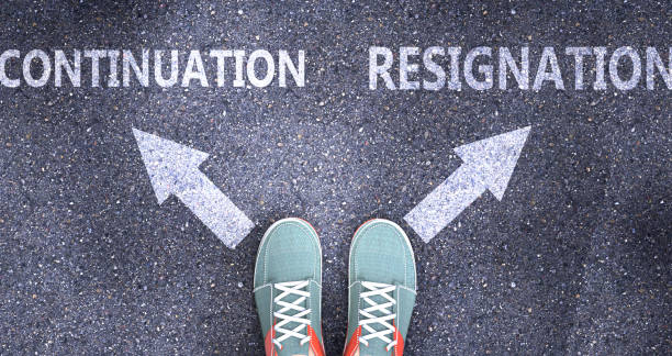 istock Continuation and resignation as different choices in life - pictured as words Continuation, resignation on a road to symbolize making decision and picking either one as an option, 3d illustration 1345937746