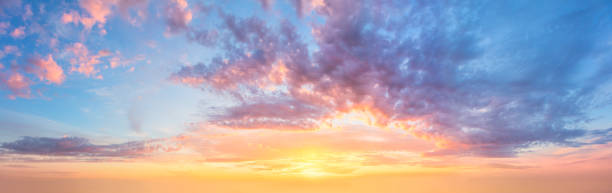 istock Panoramic view of  Sunset  Sunrise Sundown Sky with colorful clouds, long panorama 1345938611