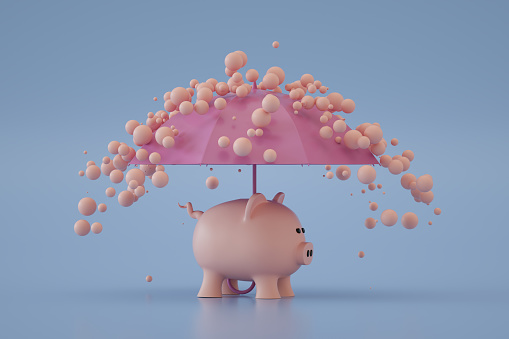 3D rendering of Piggy Bank with Umbrella. Financial Insurance, Protection. Minimalism. Copy space.