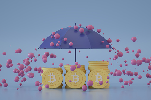 3D rendering of Umbrella and Raindrops with Bitcoin. Financial Insurance, Protection. Minimalism.